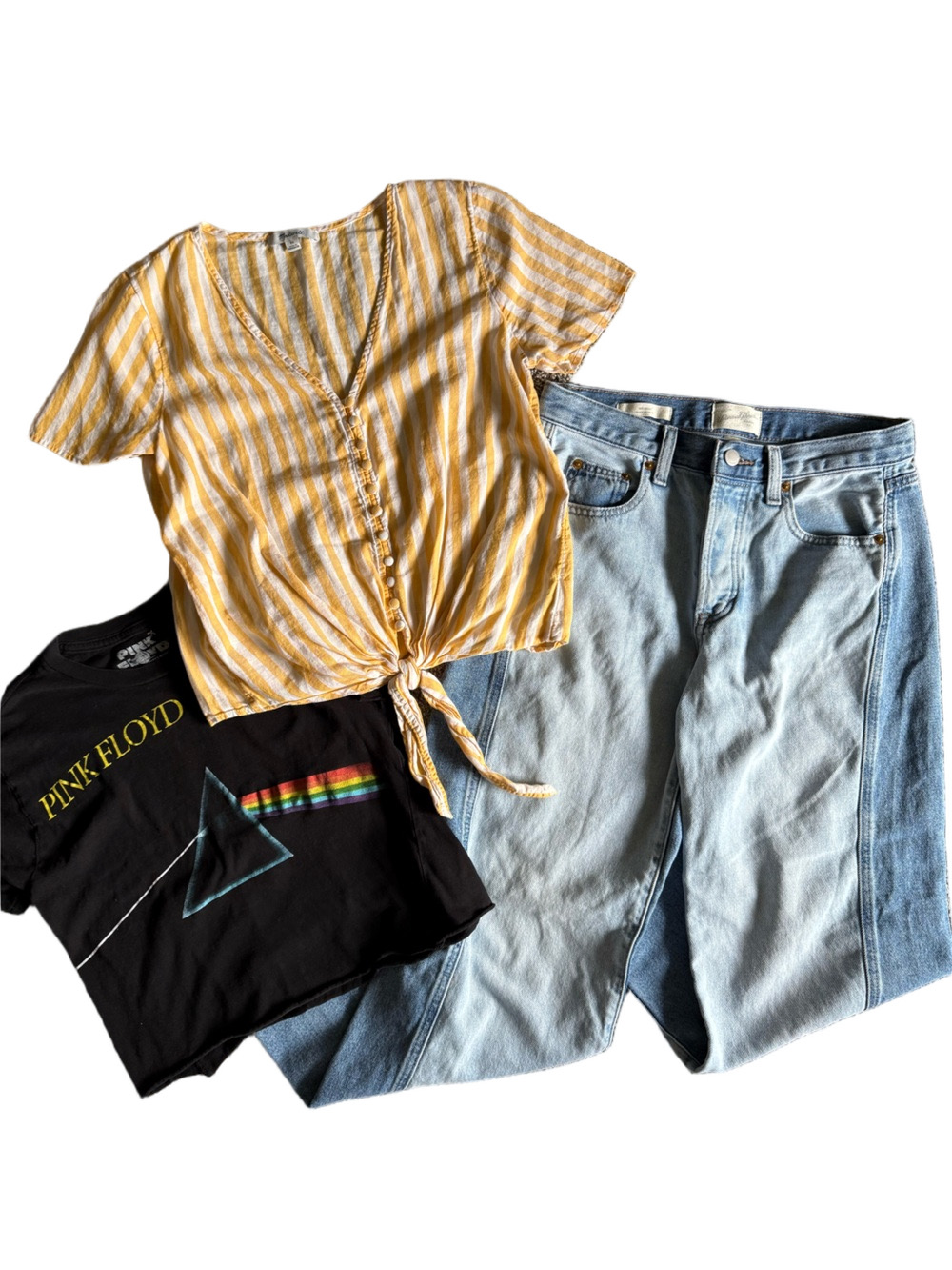 Madewell Tie Front Blouse, Pink Floyd Crop Top, 90s Baggy Jeans XS Bundle Casual